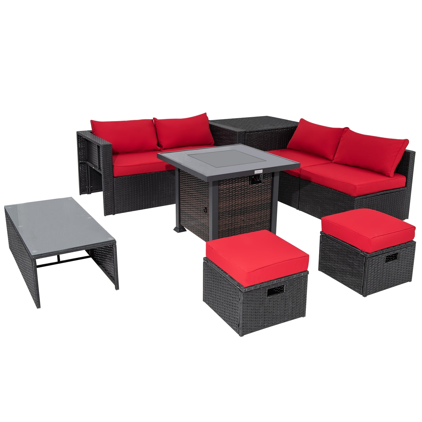 9 Piece Patio Set, 32” Fire Pit Table, 50000 BTU Propane Fire Pit, Red Outdoor Seating & Patio Chairs at Gallery Canada
