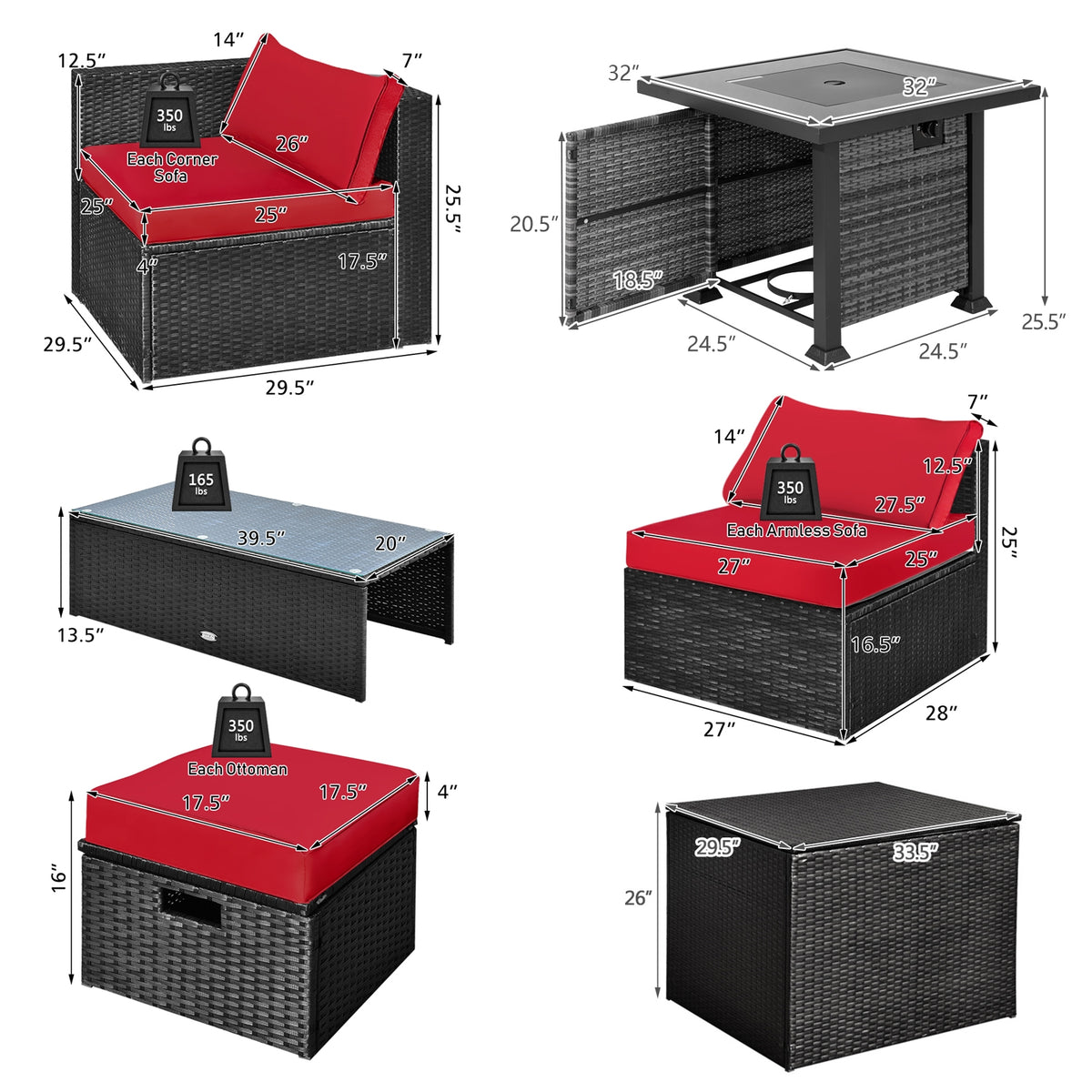 9 Piece Patio Set, 32” Fire Pit Table, 50000 BTU Propane Fire Pit, Red Outdoor Seating & Patio Chairs at Gallery Canada