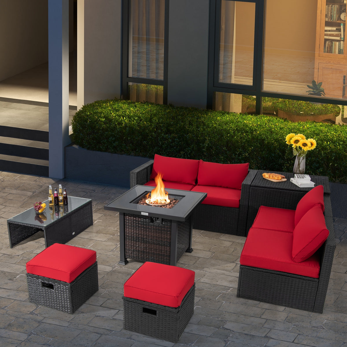 9 Piece Patio Set, 32” Fire Pit Table, 50000 BTU Propane Fire Pit, Red Outdoor Seating & Patio Chairs at Gallery Canada