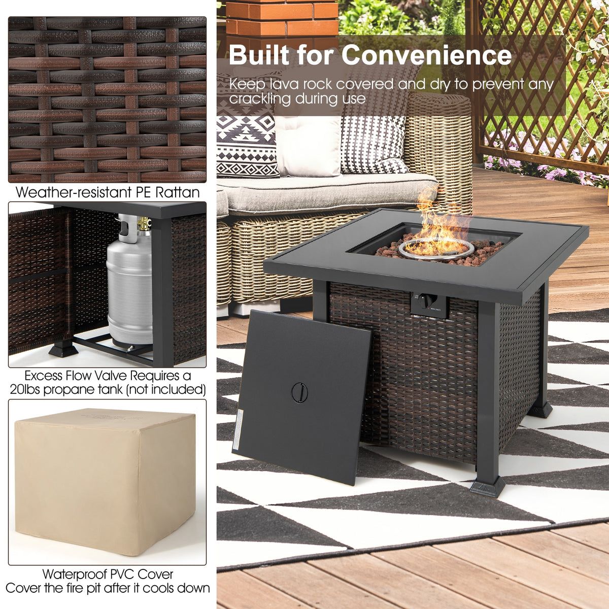 9 Piece Patio Set, 32” Fire Pit Table, 50000 BTU Propane Fire Pit, Red Outdoor Seating & Patio Chairs at Gallery Canada