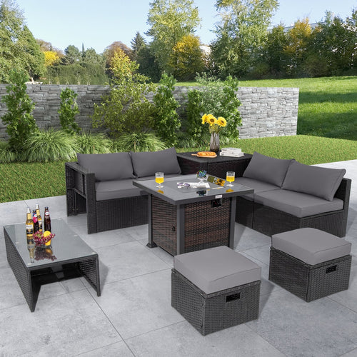 9 Piece Patio Set, 32” Fire Pit Table, 50000 BTU Propane Fire Pit, Gray