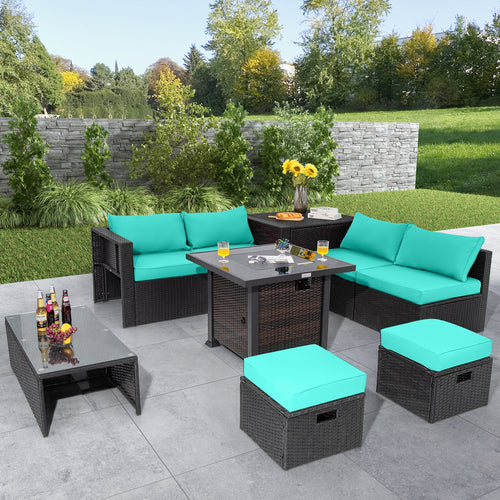 9 Piece Patio Set, 32” Fire Pit Table, 50000 BTU Square Propane, Turquoise
