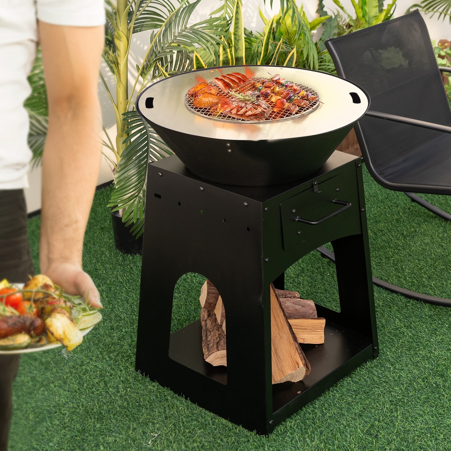 Patio Fire Pit With Firewood Log Rack, Grill, Ash Box, Black Fire Pits at Gallery Canada