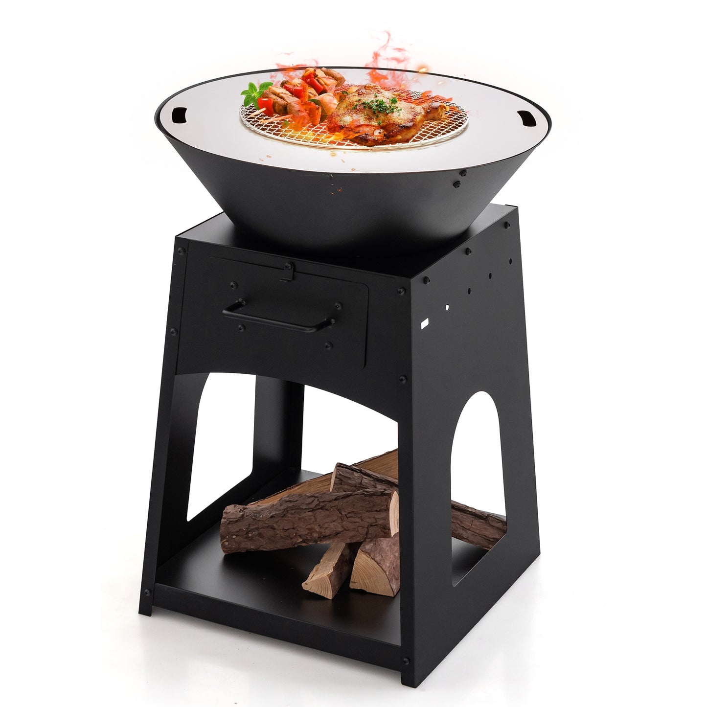 Patio Fire Pit With Firewood Log Rack, Grill, Ash Box, Black Fire Pits Black at Gallery Canada
