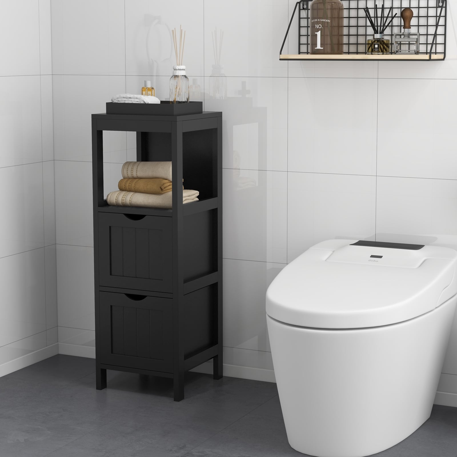 Freestanding Storage Cabinet, 2 Removable Drawers, Black Floor Cabinets at Gallery Canada