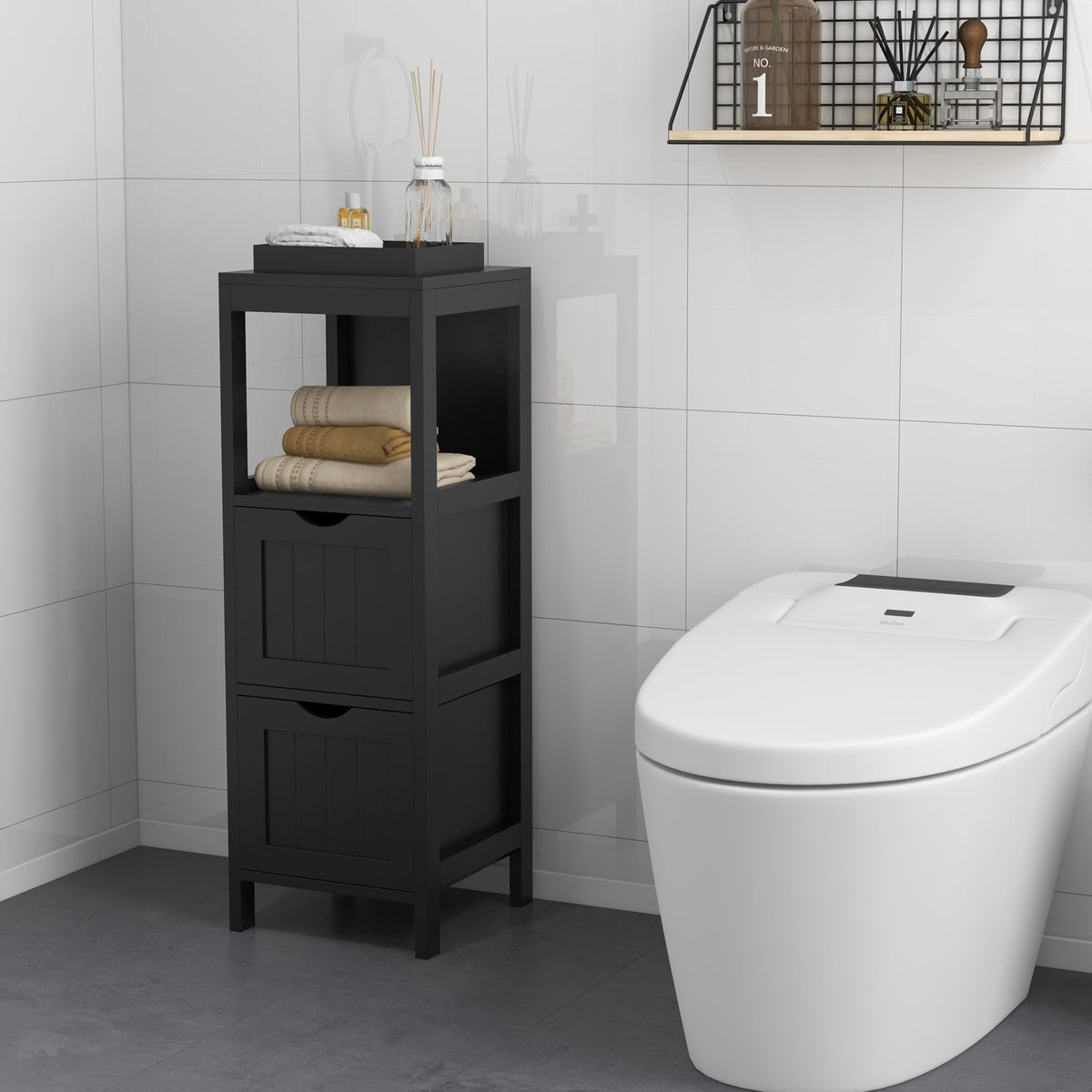 Freestanding Storage Cabinet, 2 Removable Drawers, Black Floor Cabinets at Gallery Canada