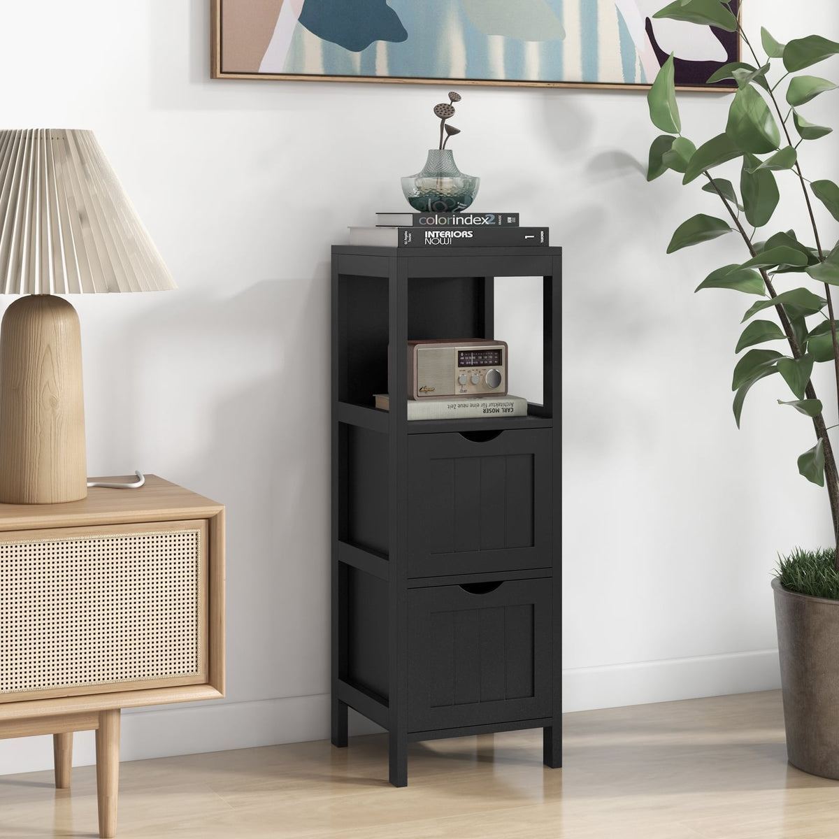 Freestanding Storage Cabinet, 2 Removable Drawers, Black Floor Cabinets at Gallery Canada