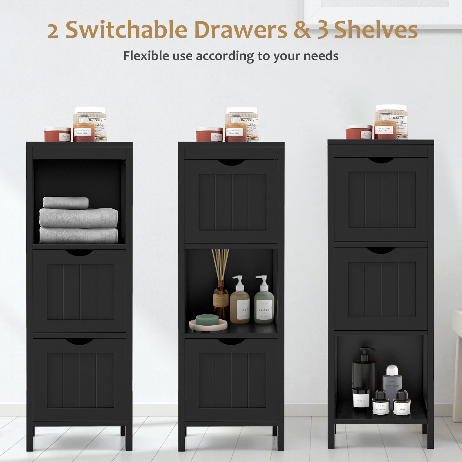 Freestanding Storage Cabinet, 2 Removable Drawers, Black Floor Cabinets at Gallery Canada