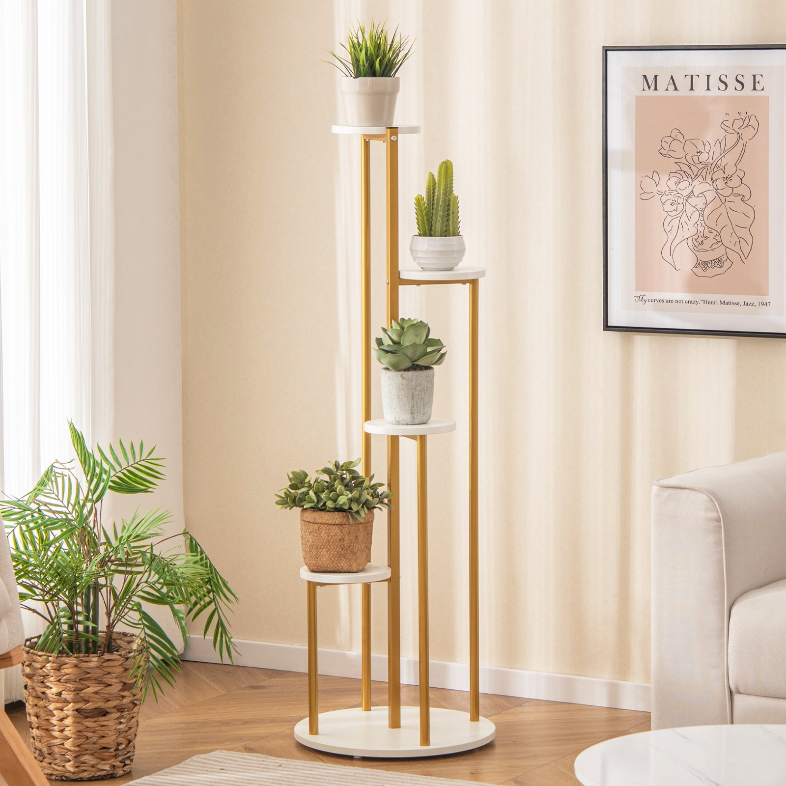 Indoor Metal Plant Stand, Corner Shelf, Golden Frame, White Plant Stands at Gallery Canada