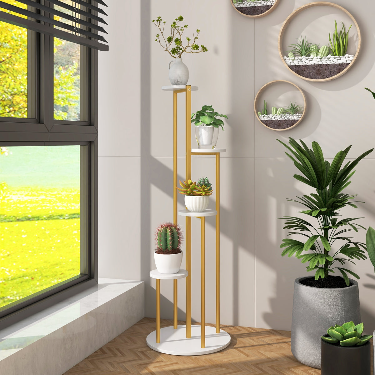 Indoor Metal Plant Stand, Corner Shelf, Golden Frame, White Plant Stands at Gallery Canada