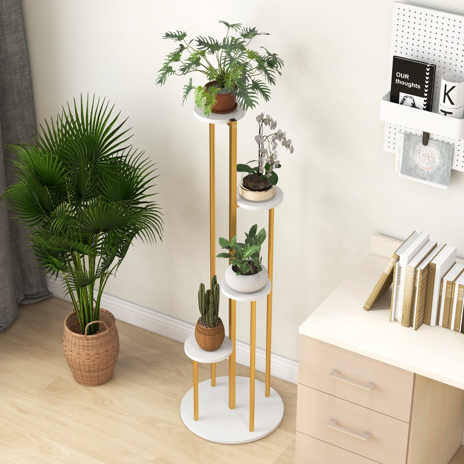 Indoor Metal Plant Stand, Corner Shelf, Golden Frame, White Plant Stands at Gallery Canada