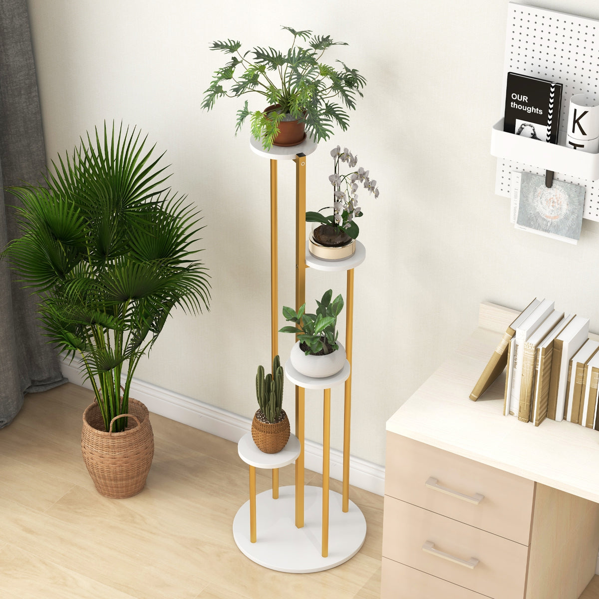 Indoor Metal Plant Stand, Corner Shelf, Golden Frame, White Plant Stands at Gallery Canada