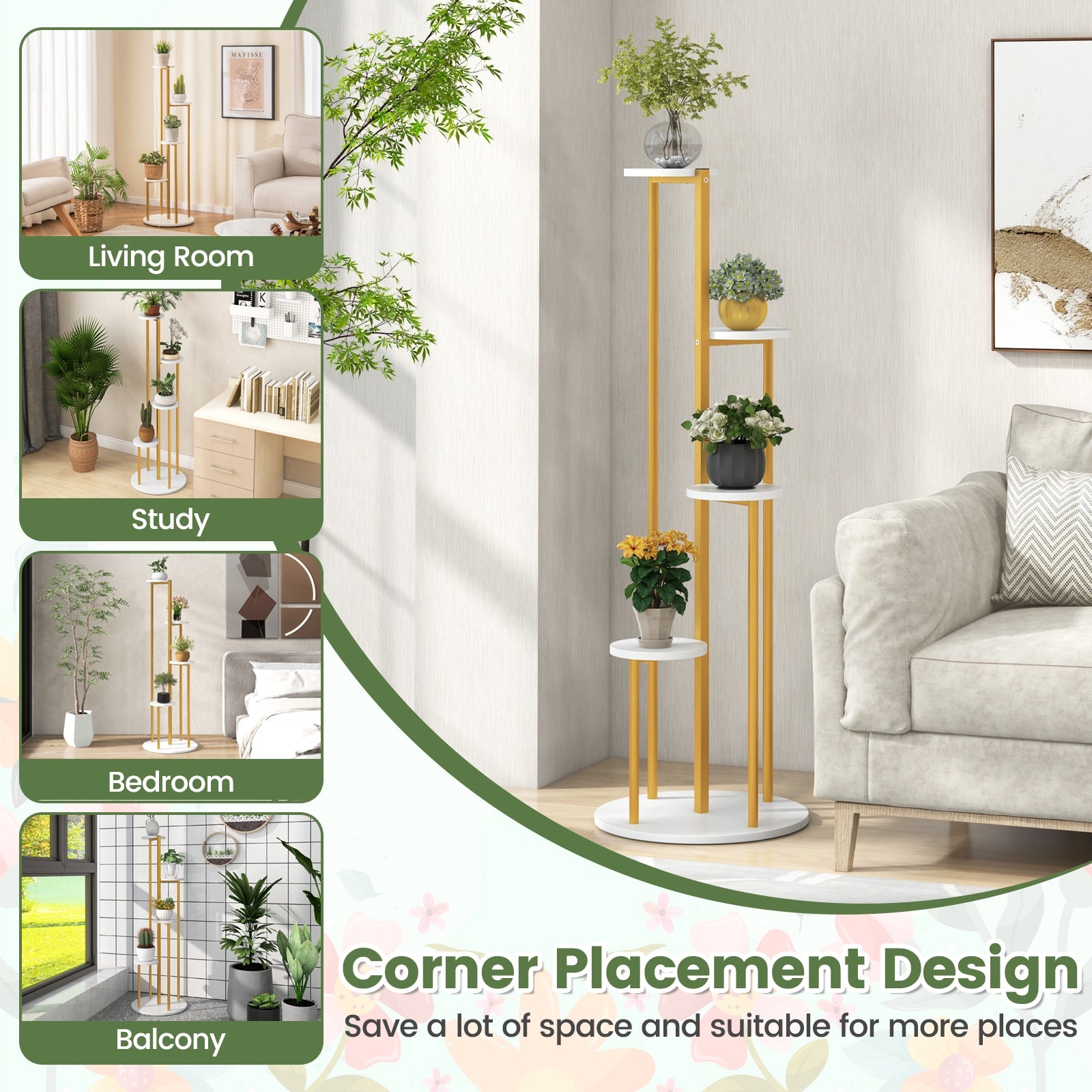 Indoor Metal Plant Stand, Corner Shelf, Golden Frame, White Plant Stands at Gallery Canada
