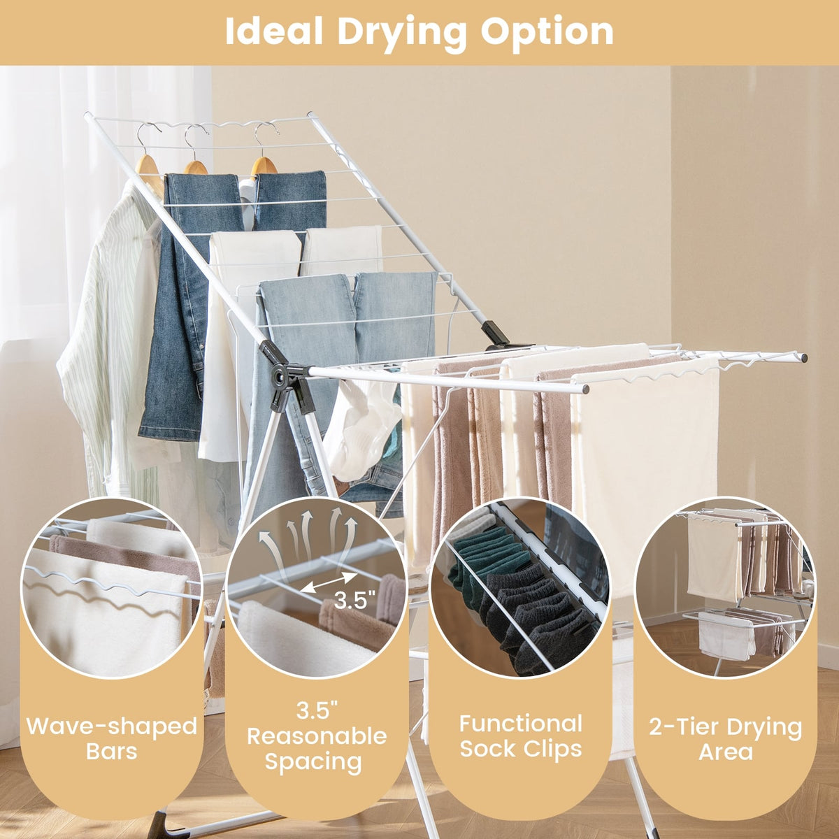 2-Level Laundry Drying Rack, Height Adjustable Wings, White Drying Racks at Gallery Canada