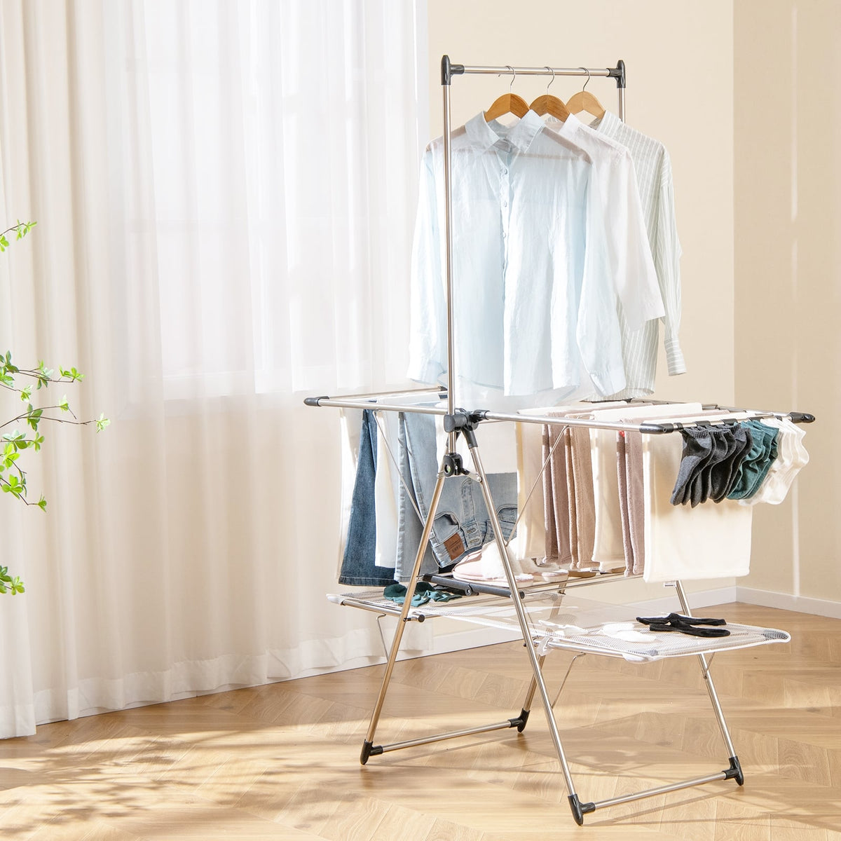 Large Foldable Clothes Drying Rack, Tall Hanging Bar, Silver Drying Racks at Gallery Canada