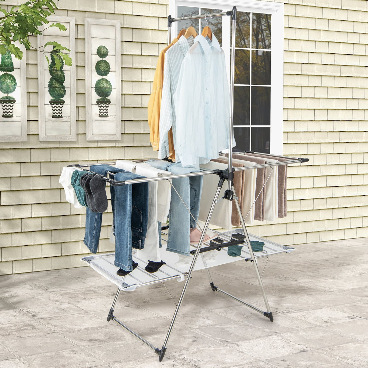 Large Foldable Clothes Drying Rack, Tall Hanging Bar, Silver Drying Racks at Gallery Canada
