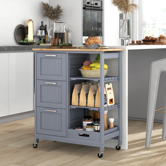 Rolling Kitchen Island Cart, Rubber Wood Top, 3 Drawers, Removable Tray, Gray Kitchen Islands & Carts Gray at Gallery Canada