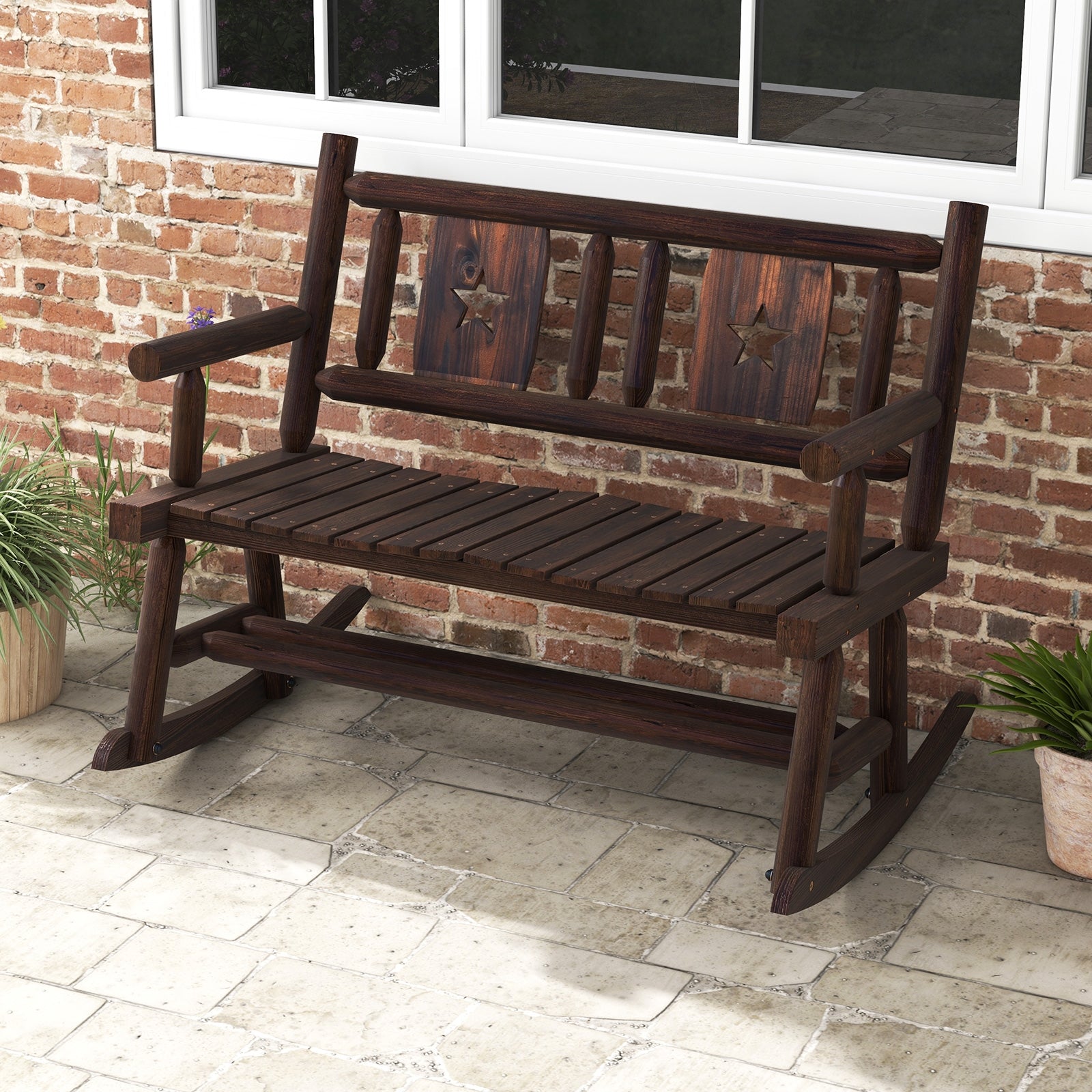 Patio Rocking Bench, 2-Person Loveseat, Rustic Brown Patio Rocking Chairs & Gliders at Gallery Canada