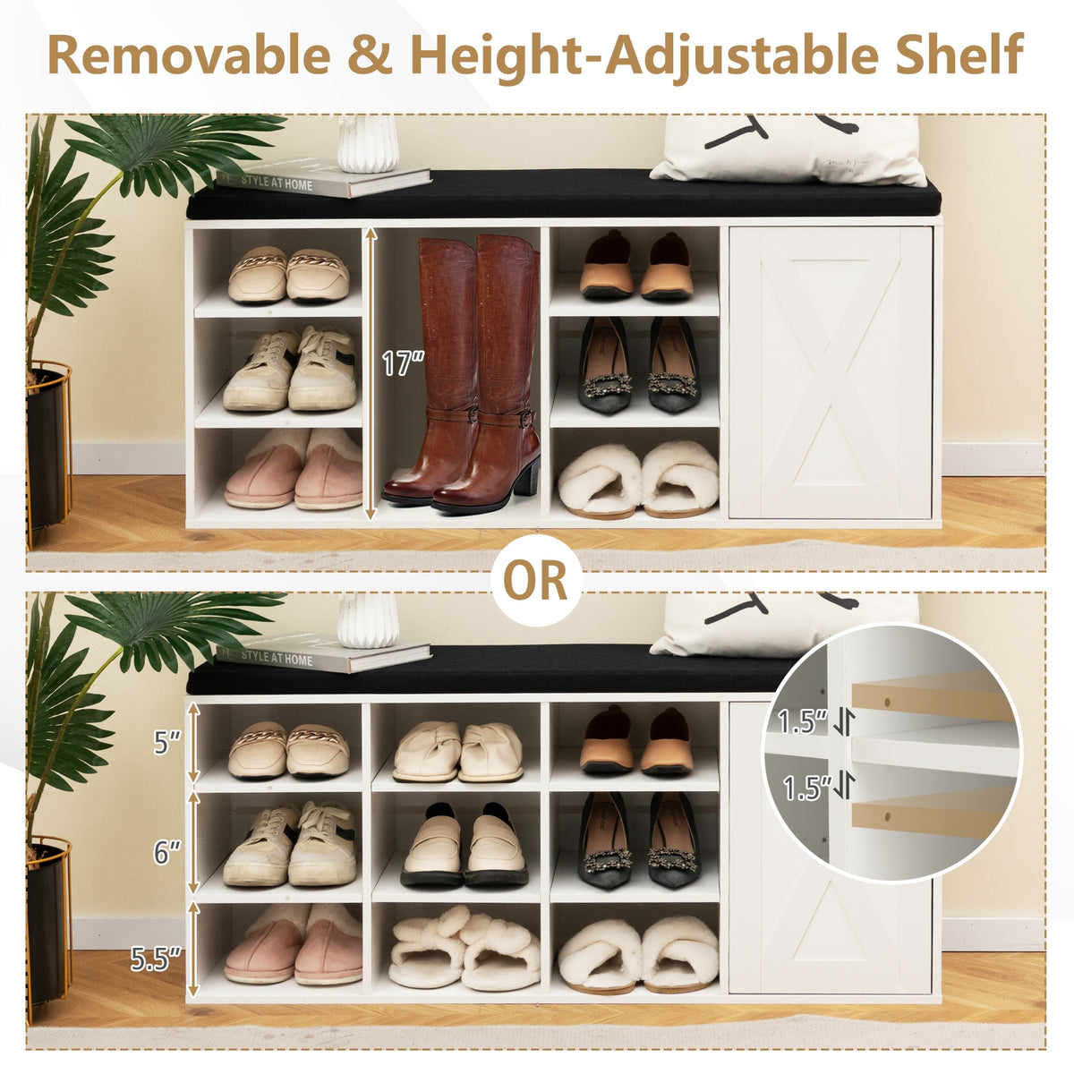9-Cube Shoe Bench, Adjustable Shelves, Removable Cushion, White Shoe Racks & Storage Benches at Gallery Canada