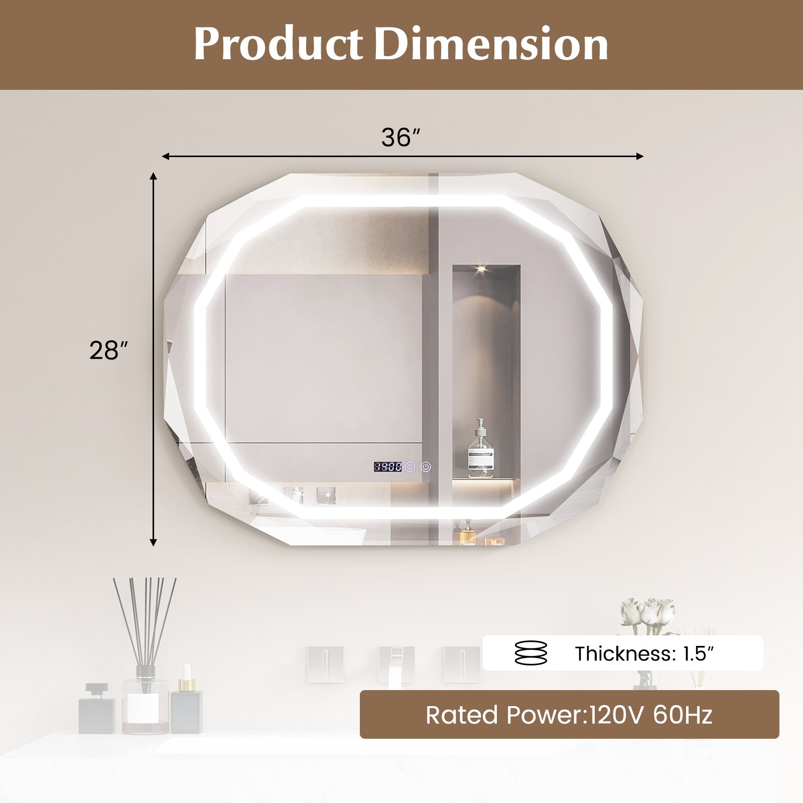 Anti-Fog Bathroom Mirror, 3 Color LED Light Memory, White Wall Mirrors at Gallery Canada
