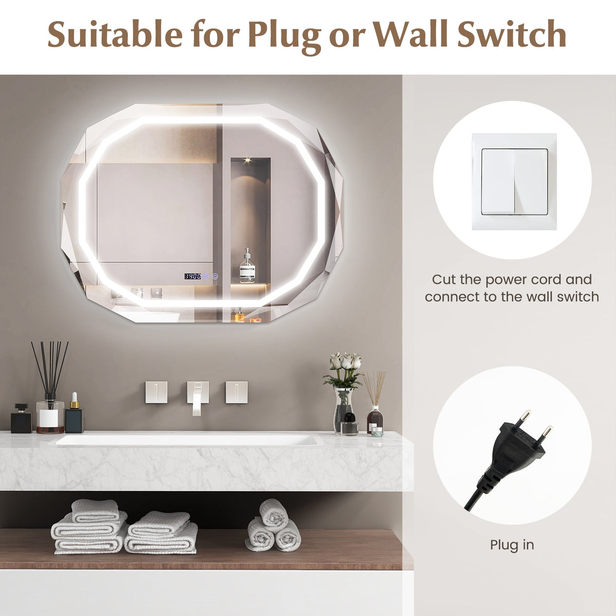 Anti-Fog Bathroom Mirror, 3 Color LED Light Memory, White Wall Mirrors at Gallery Canada