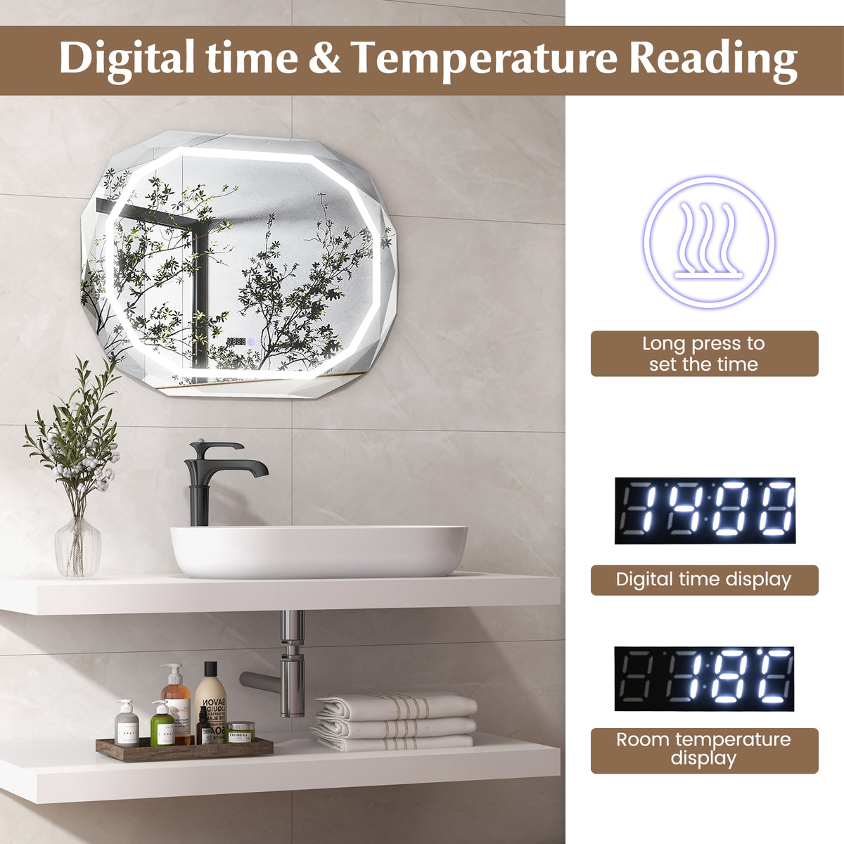 Anti-Fog Bathroom Mirror, 3 Color LED Light Memory, White Wall Mirrors at Gallery Canada