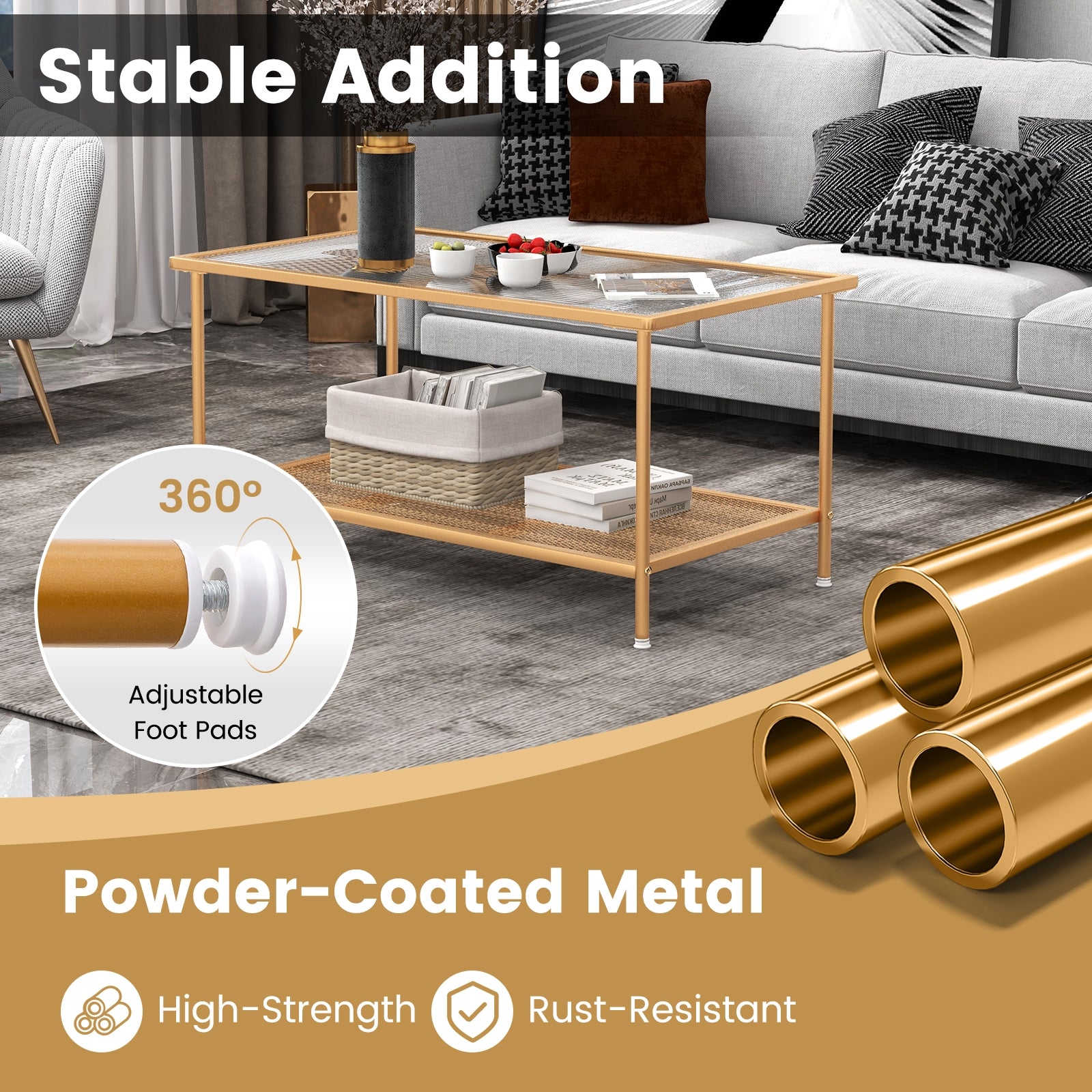 2-Tier Coffee Table, Tempered Glass Top, Golden Coffee Tables at Gallery Canada