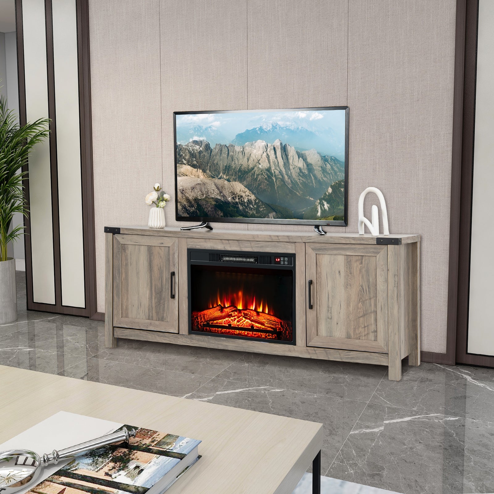 Electric Fireplace TV Stand, Storage Cabinets, For 70 Inch TVs, Natural Entertainment Centers & TV Stands at Gallery Canada