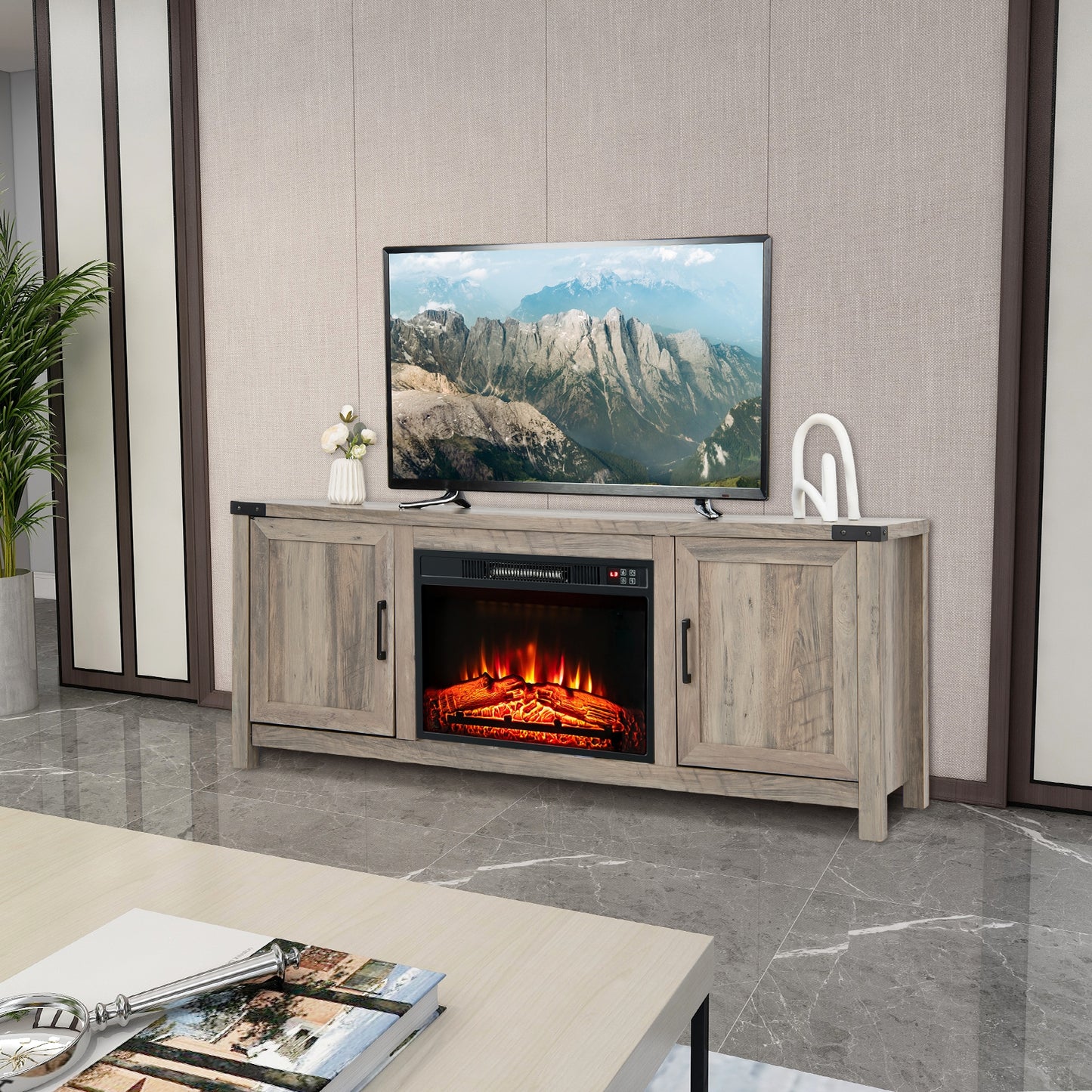 Electric Fireplace TV Stand, Storage Cabinets, For 70 Inch TVs, Natural Entertainment Centers & TV Stands at Gallery Canada