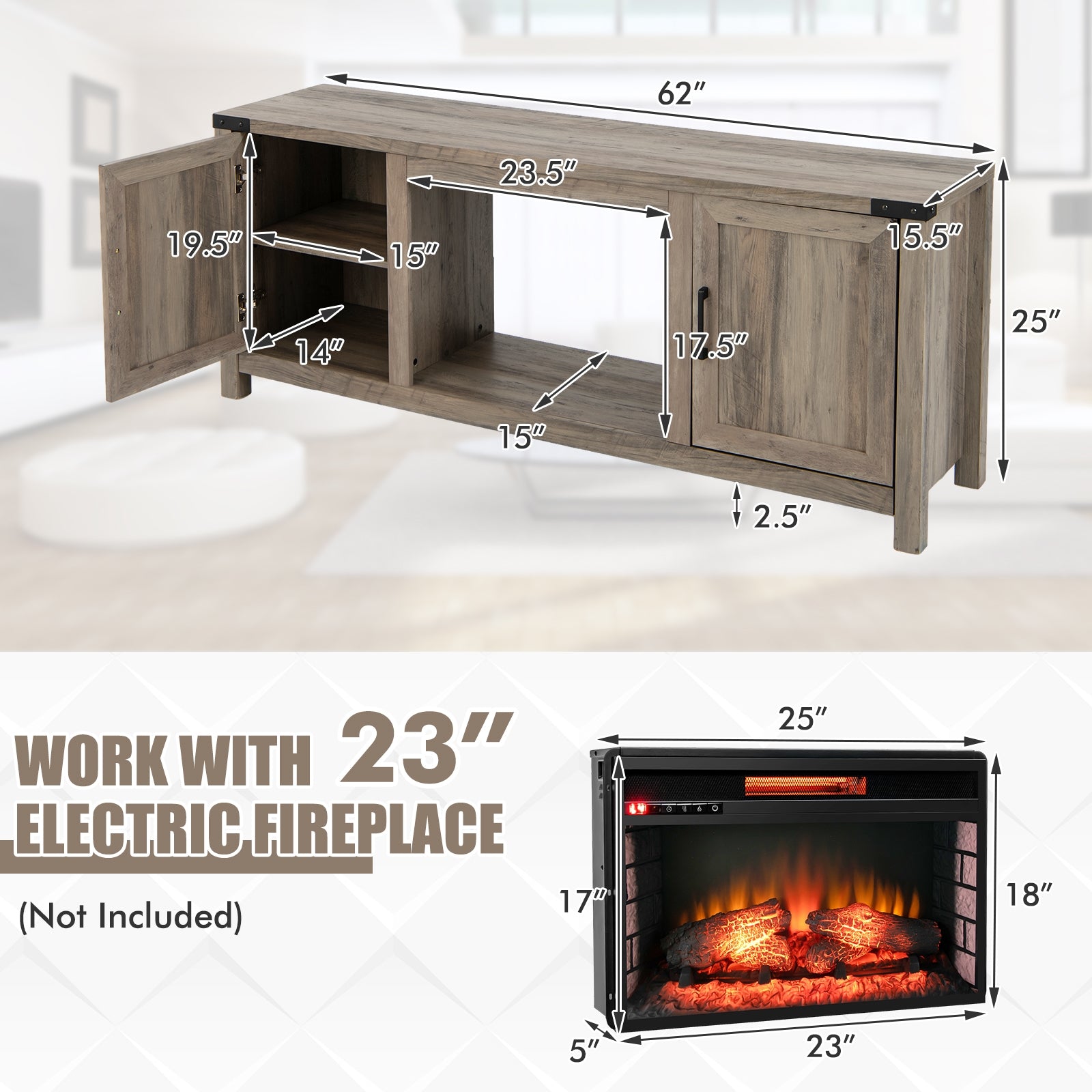 Electric Fireplace TV Stand, Storage Cabinets, For 70 Inch TVs, Natural Entertainment Centers & TV Stands at Gallery Canada