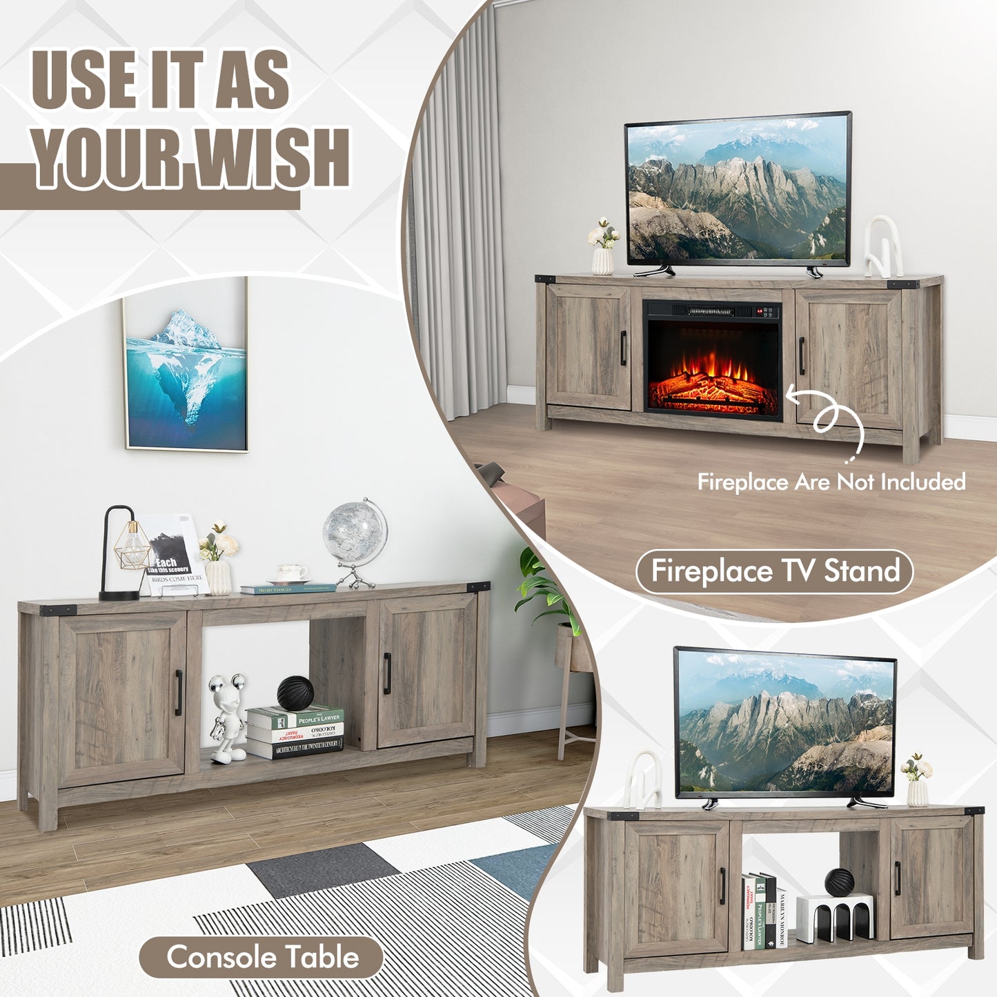 Electric Fireplace TV Stand, Storage Cabinets, For 70 Inch TVs, Natural Entertainment Centers & TV Stands at Gallery Canada
