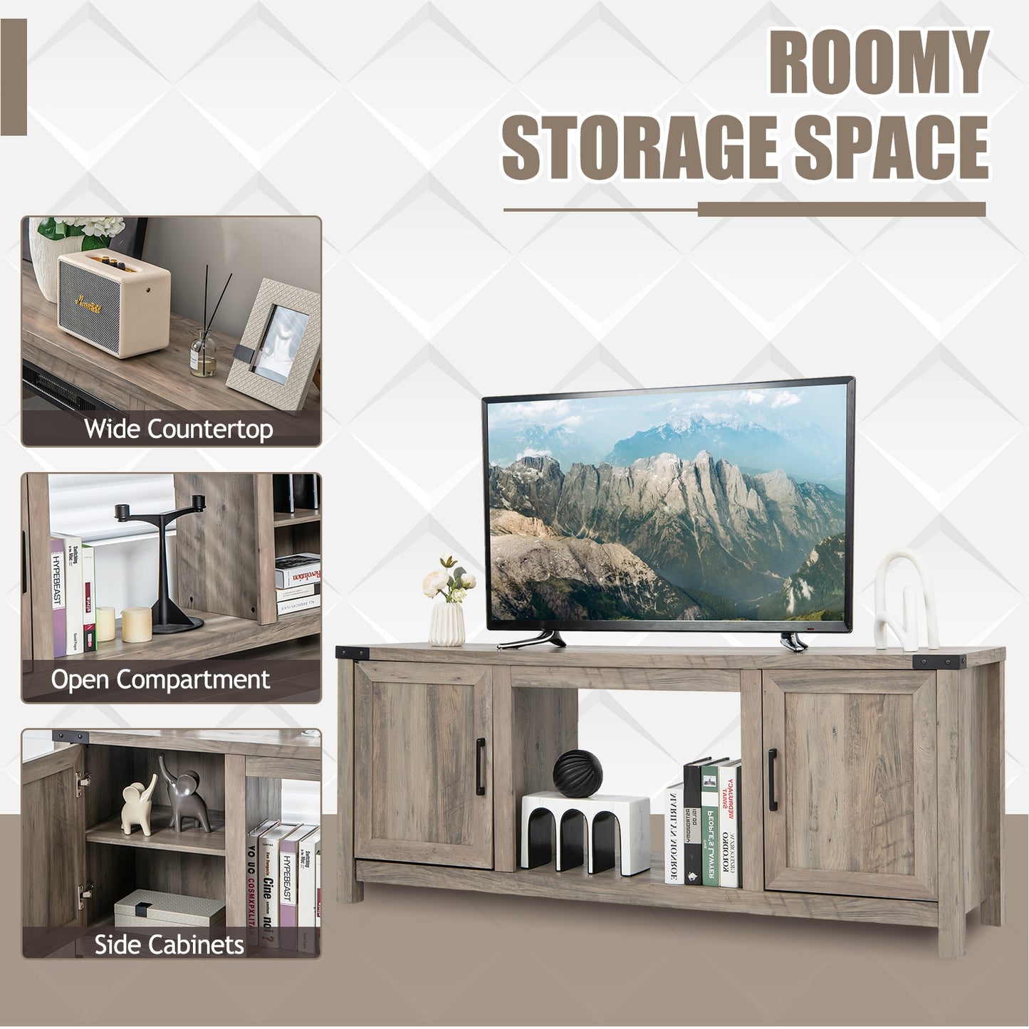 Electric Fireplace TV Stand, Storage Cabinets, For 70 Inch TVs, Natural Entertainment Centers & TV Stands at Gallery Canada