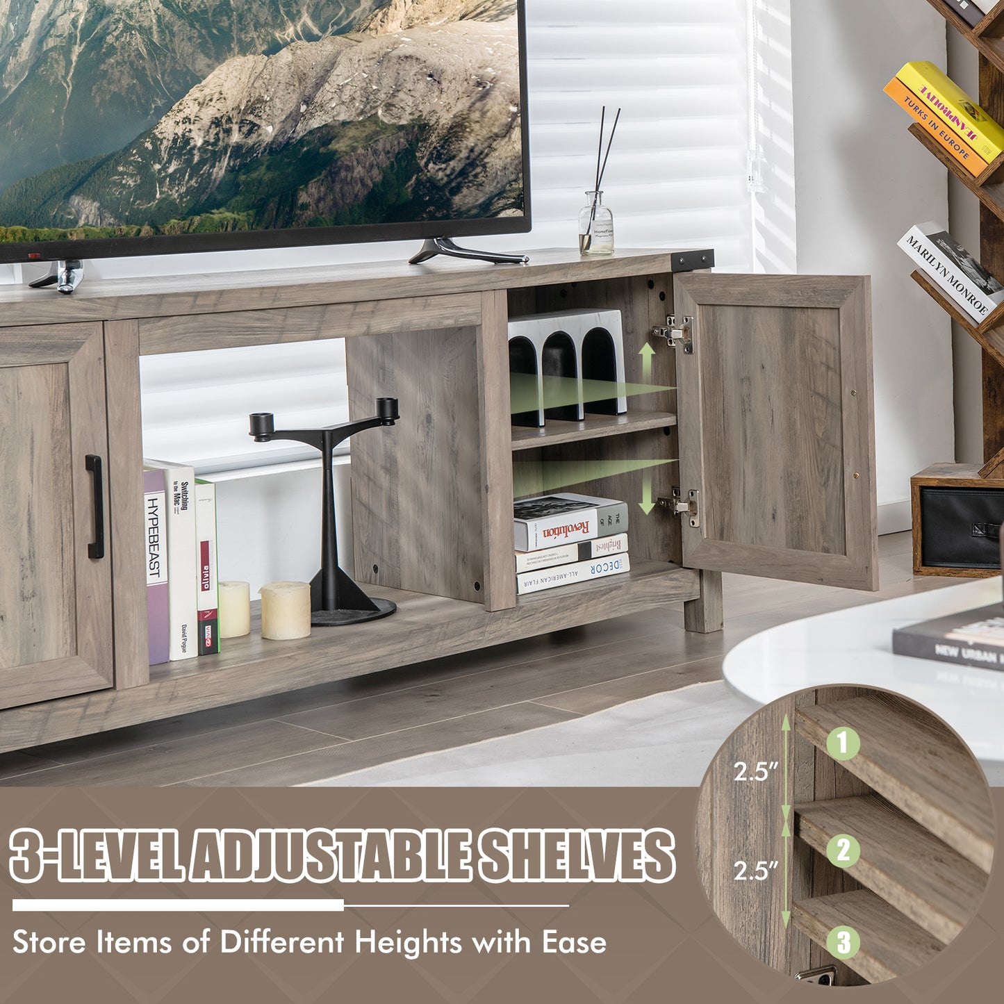 Electric Fireplace TV Stand, Storage Cabinets, For 70 Inch TVs, Natural Entertainment Centers & TV Stands at Gallery Canada