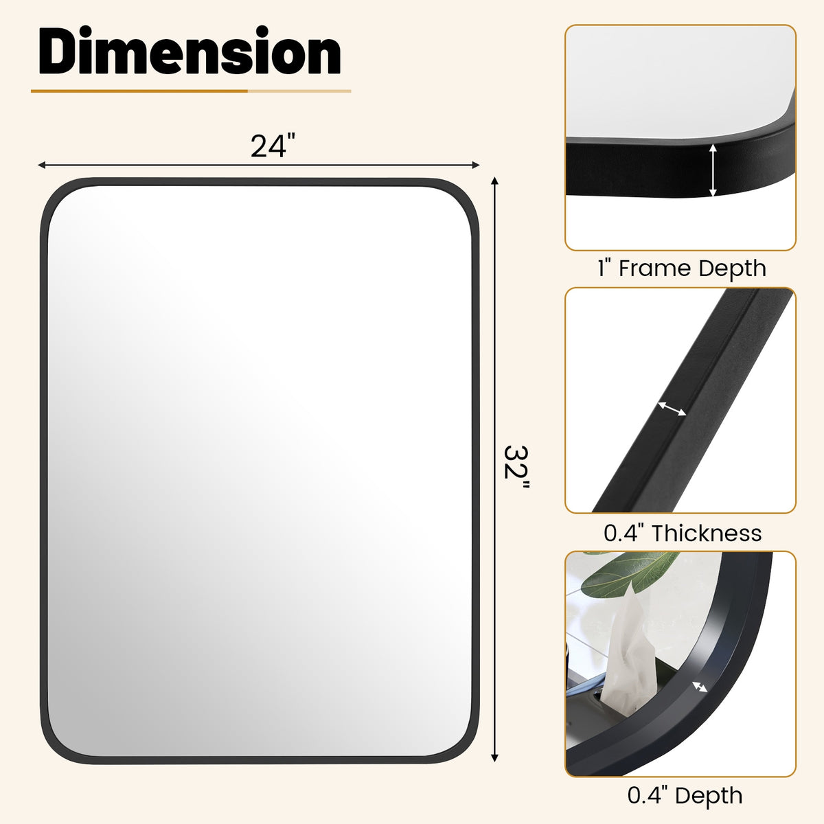 24 x 32 Inch Rectangle Mirror, Wall Mounted Minimalist, Black Wall Mirrors at Gallery Canada