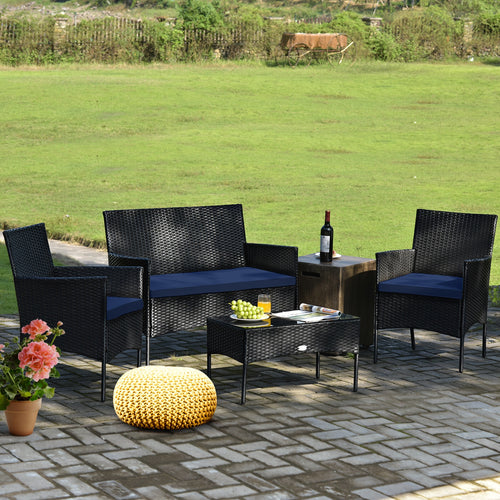 4-Piece Patio Rattan Cushioned Sofa Set, Tempered Glass Coffee Table, Navy