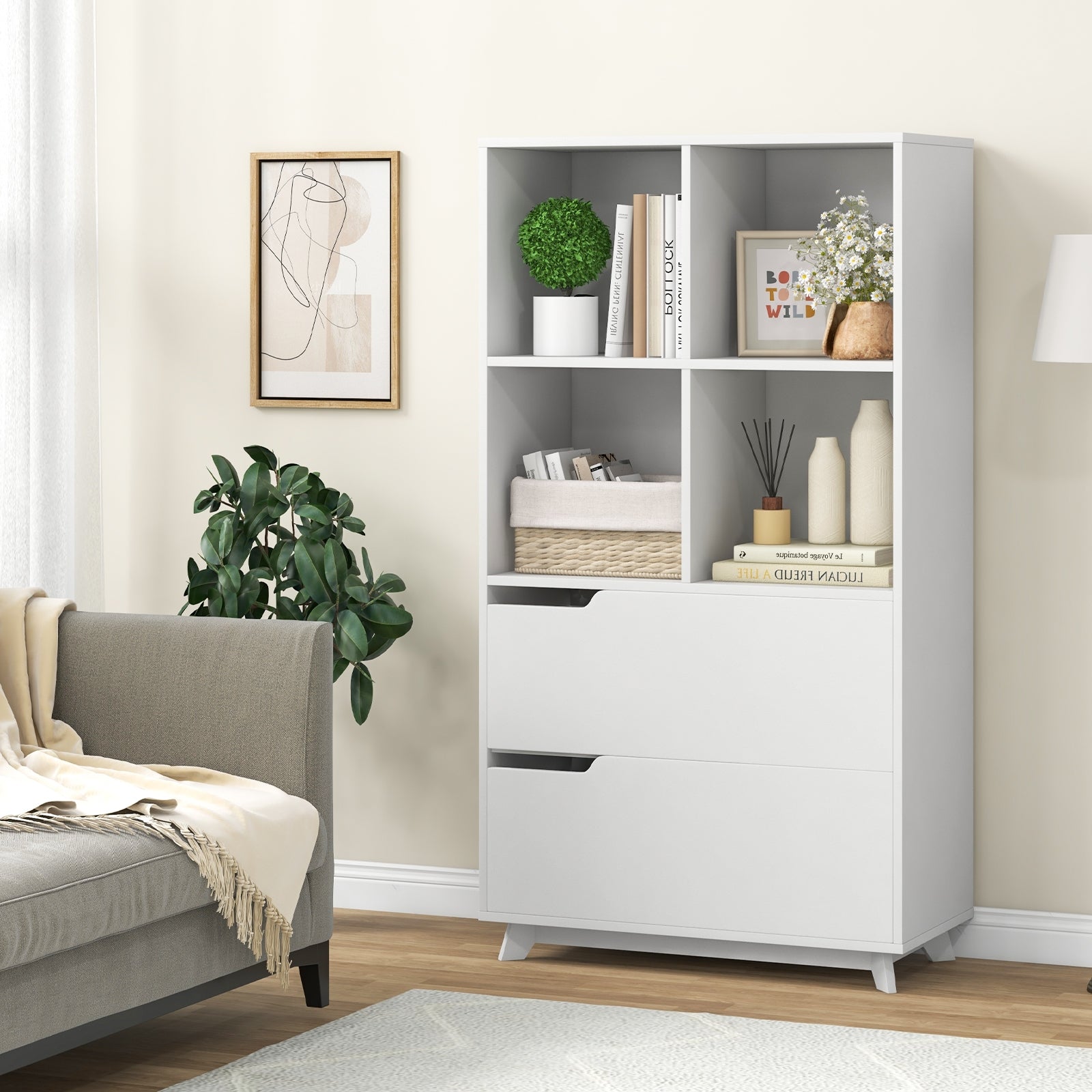 4-Tier Bookcase With 2 Drawers, 4 Storage Cubes, White Bookcases at Gallery Canada