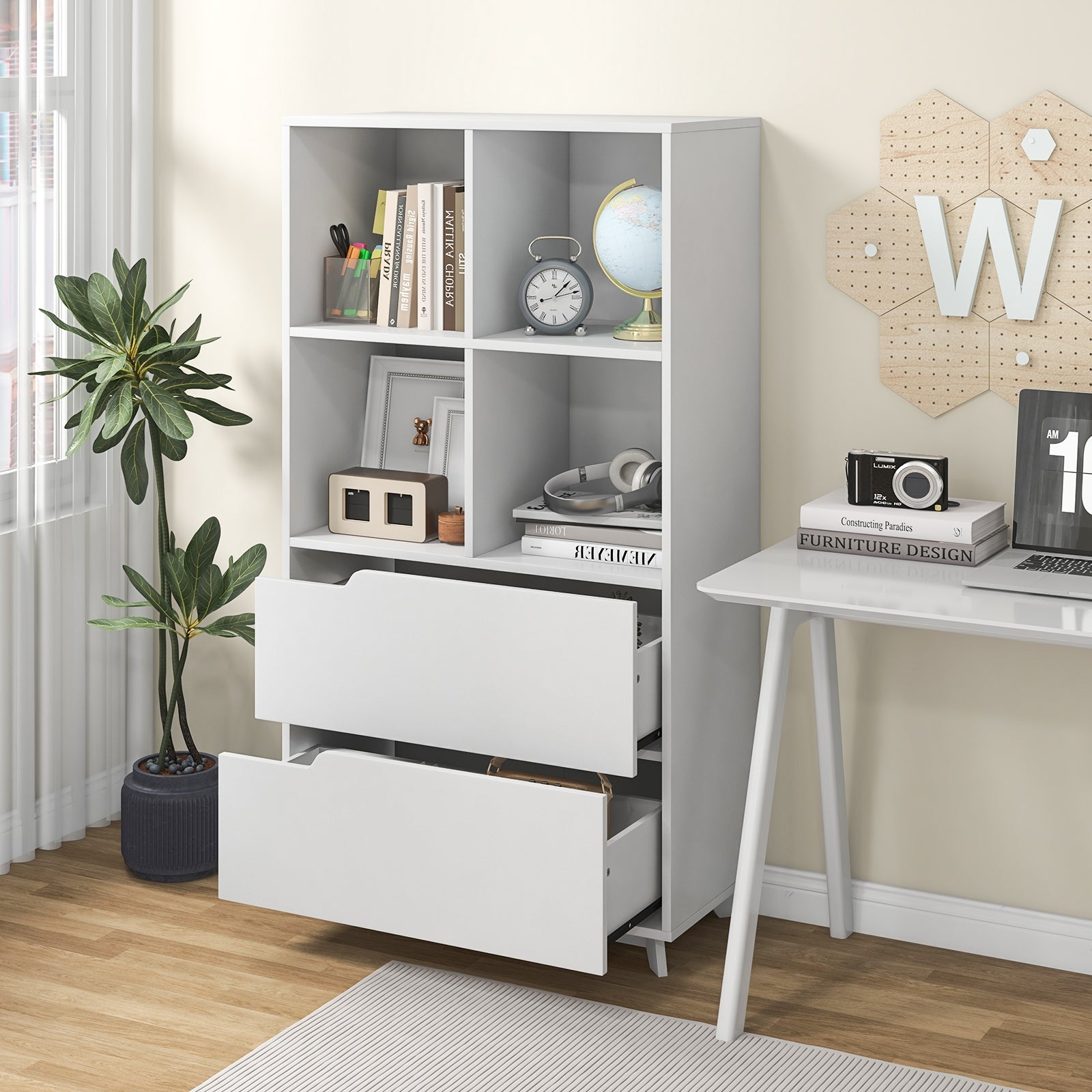 4-Tier Bookcase With 2 Drawers, 4 Storage Cubes, White Bookcases at Gallery Canada