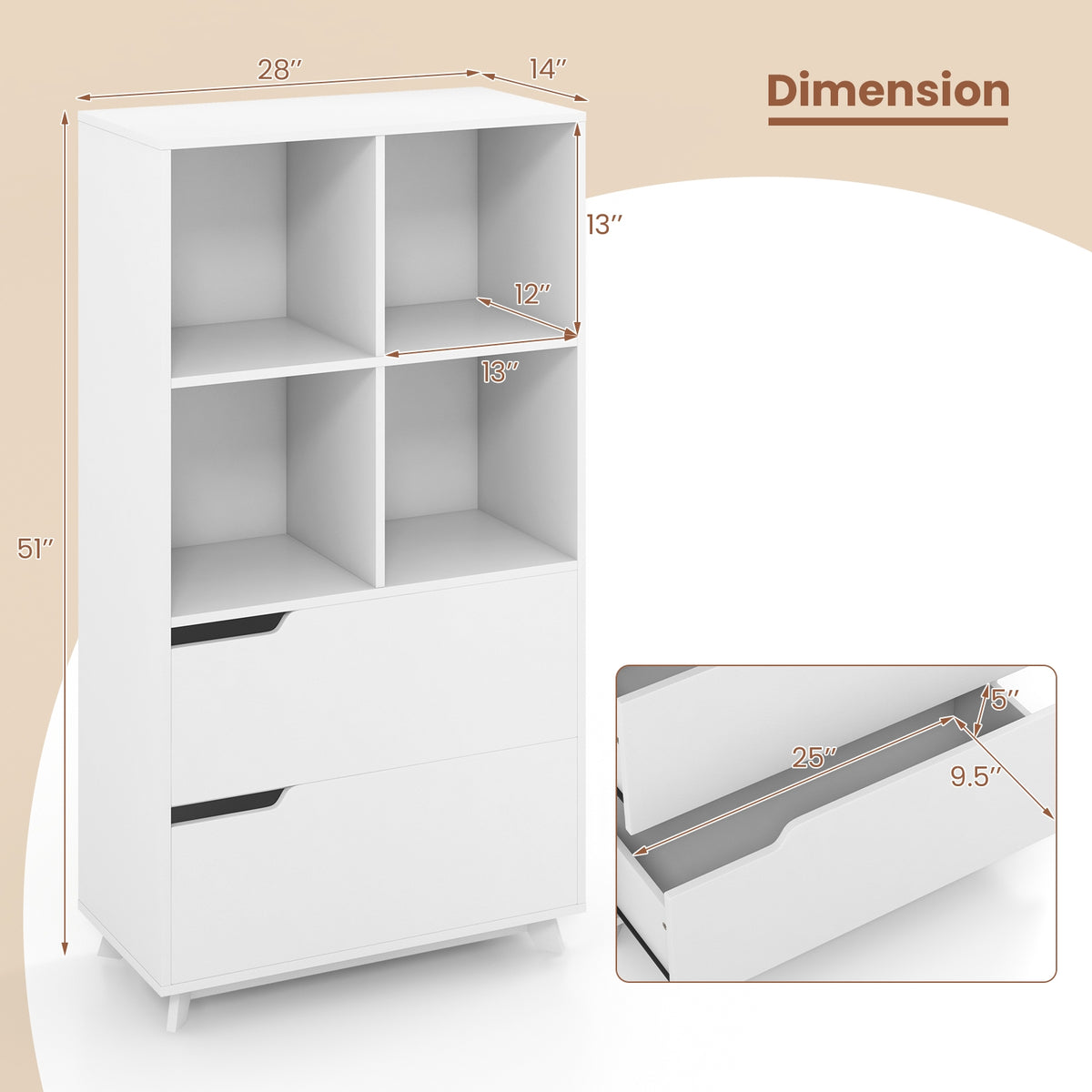 4-Tier Bookcase With 2 Drawers, 4 Storage Cubes, White Bookcases at Gallery Canada