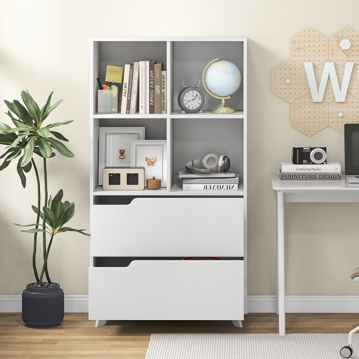 4-Tier Bookcase With 2 Drawers, 4 Storage Cubes, White Bookcases at Gallery Canada