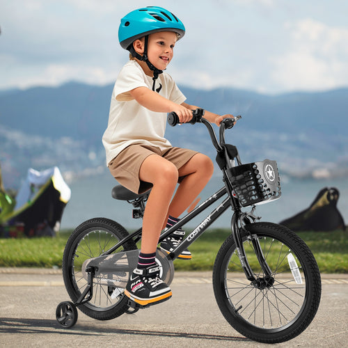 18 Inch Kids Bike With Basket, Training Wheels, Black