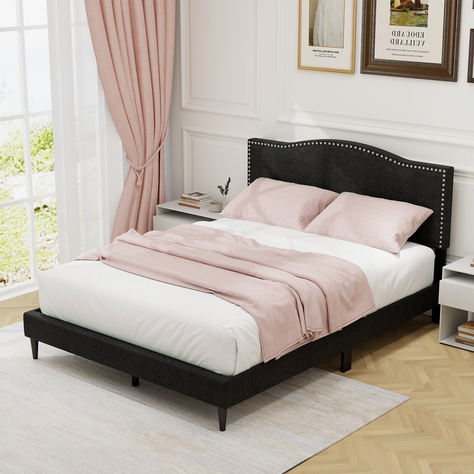 Queen Size Upholstered Bed Frame, Nailhead Trim Headboard, Black Simple Bed Frame at Gallery Canada
