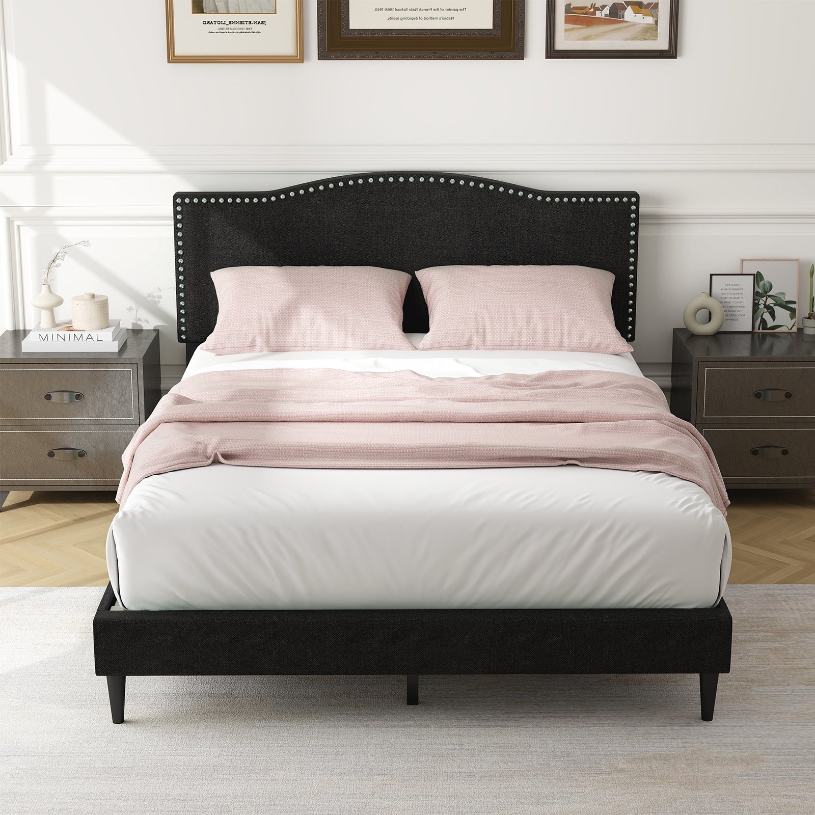 Queen Size Upholstered Bed Frame, Nailhead Trim Headboard, Black Simple Bed Frame at Gallery Canada