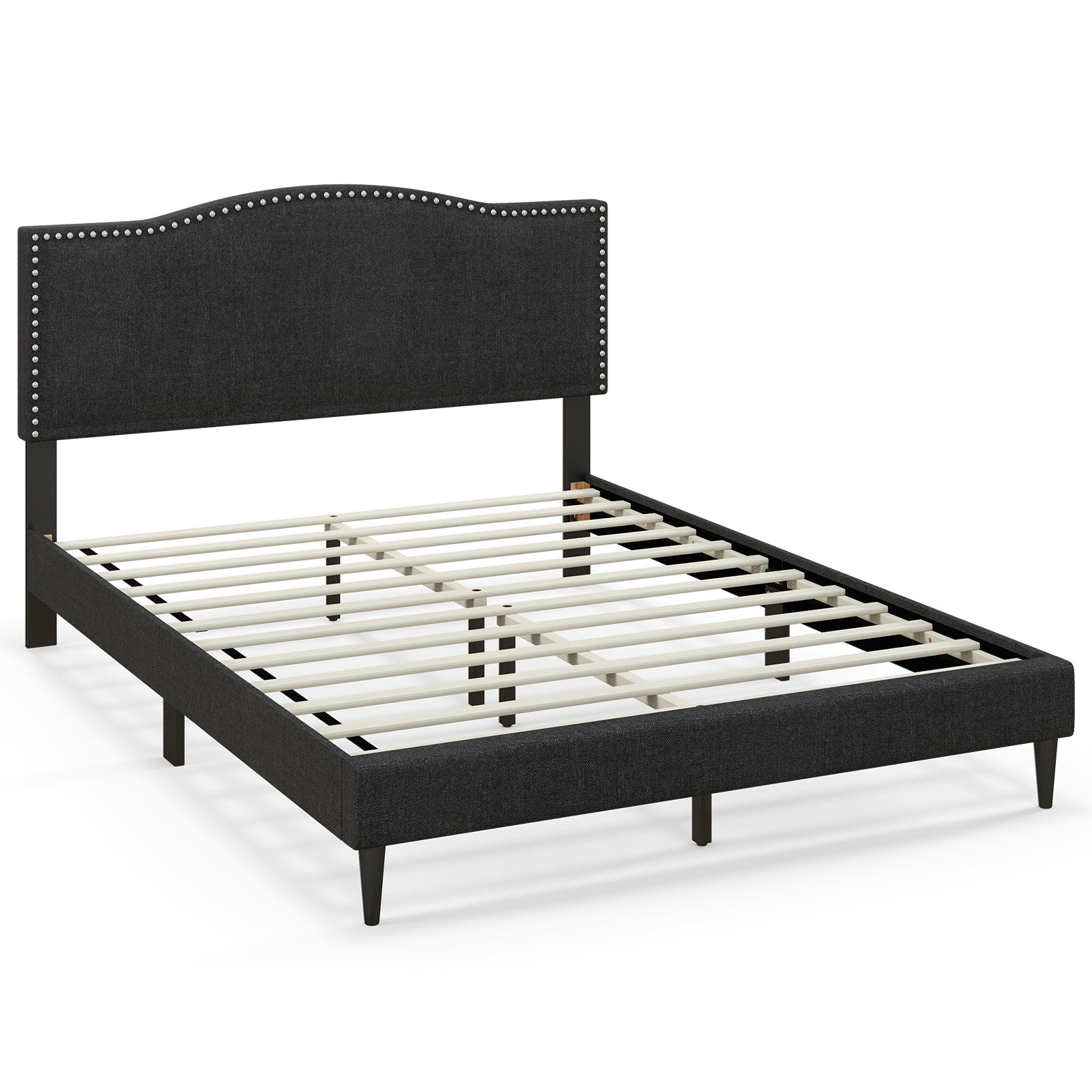 Queen Size Upholstered Bed Frame, Nailhead Trim Headboard, Black Simple Bed Frame at Gallery Canada
