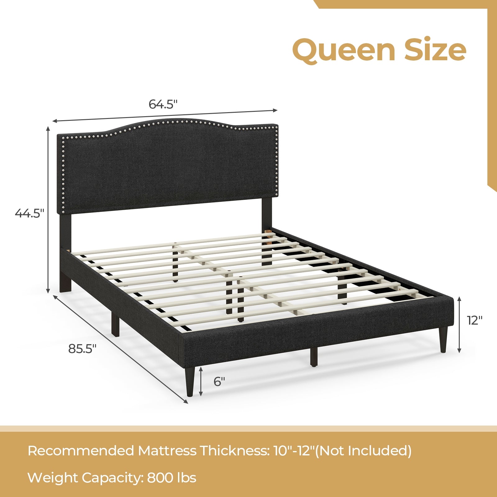 Queen Size Upholstered Bed Frame, Nailhead Trim Headboard, Black Simple Bed Frame at Gallery Canada