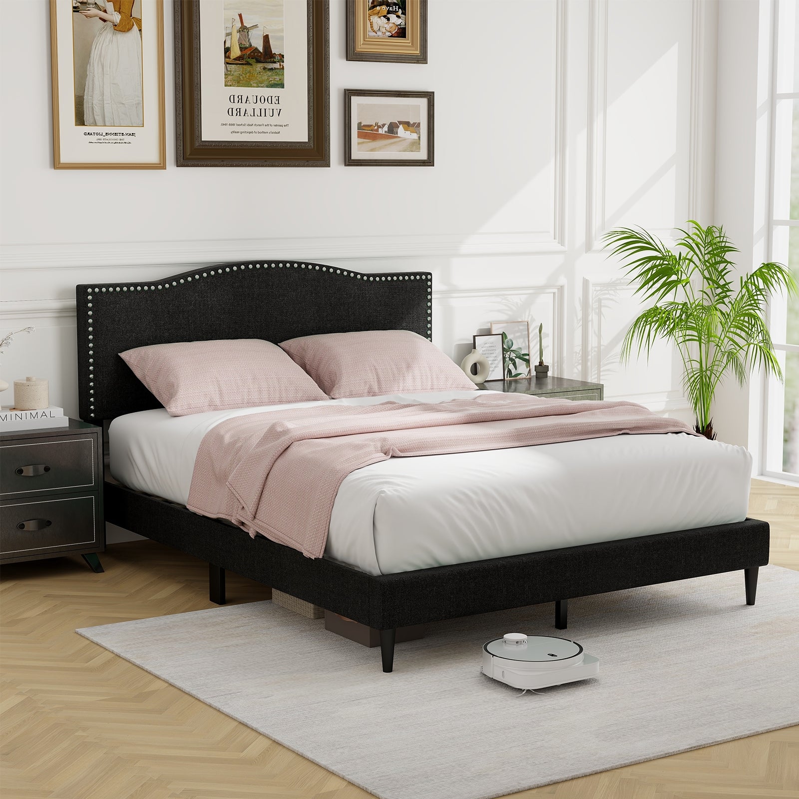 Queen Size Upholstered Bed Frame, Nailhead Trim Headboard, Black Simple Bed Frame at Gallery Canada