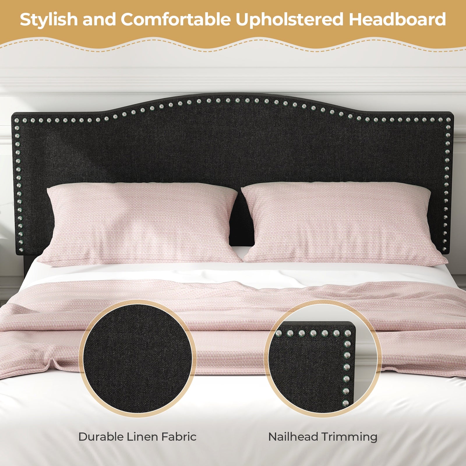 Queen Size Upholstered Bed Frame, Nailhead Trim Headboard, Black Simple Bed Frame at Gallery Canada