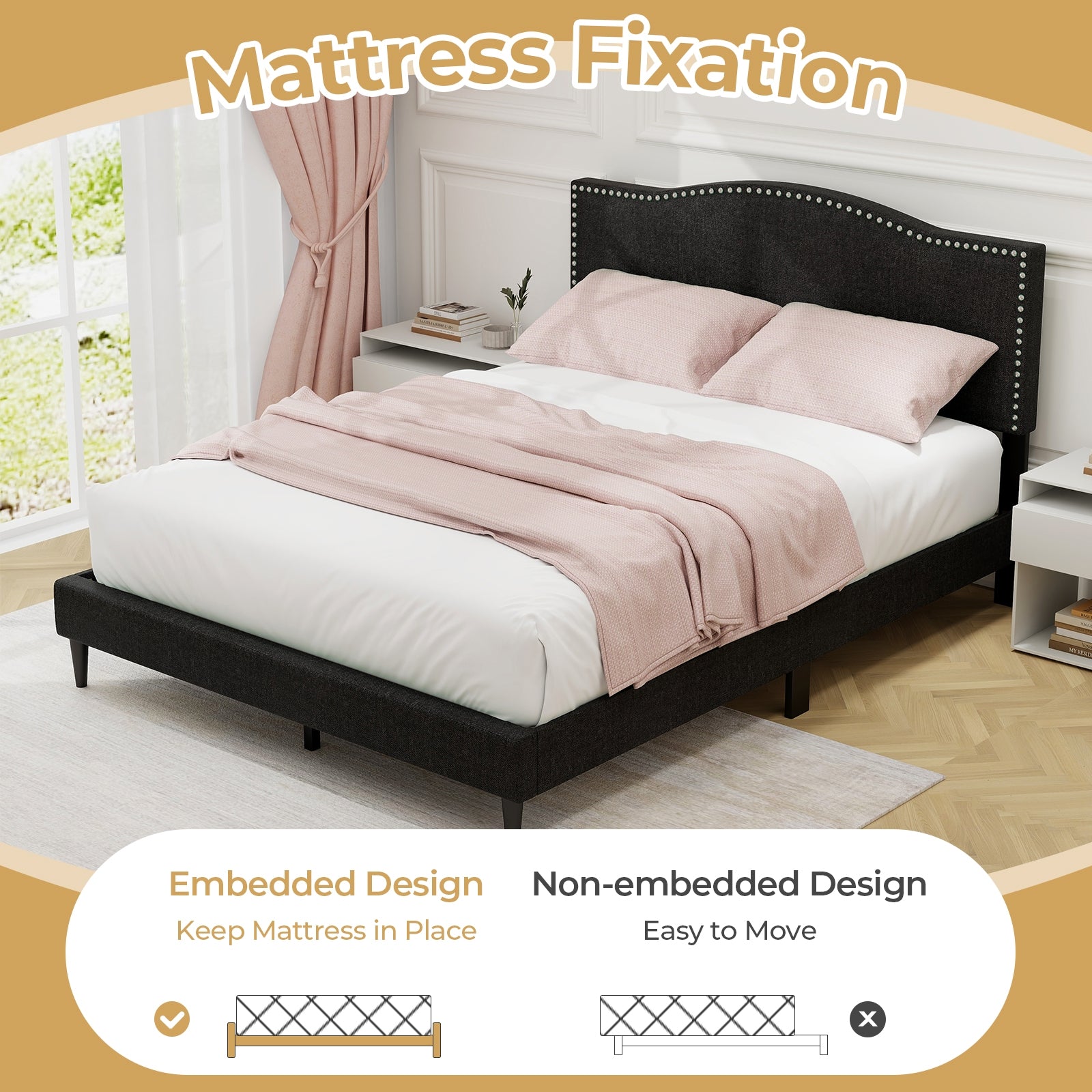 Queen Size Upholstered Bed Frame, Nailhead Trim Headboard, Black Simple Bed Frame at Gallery Canada