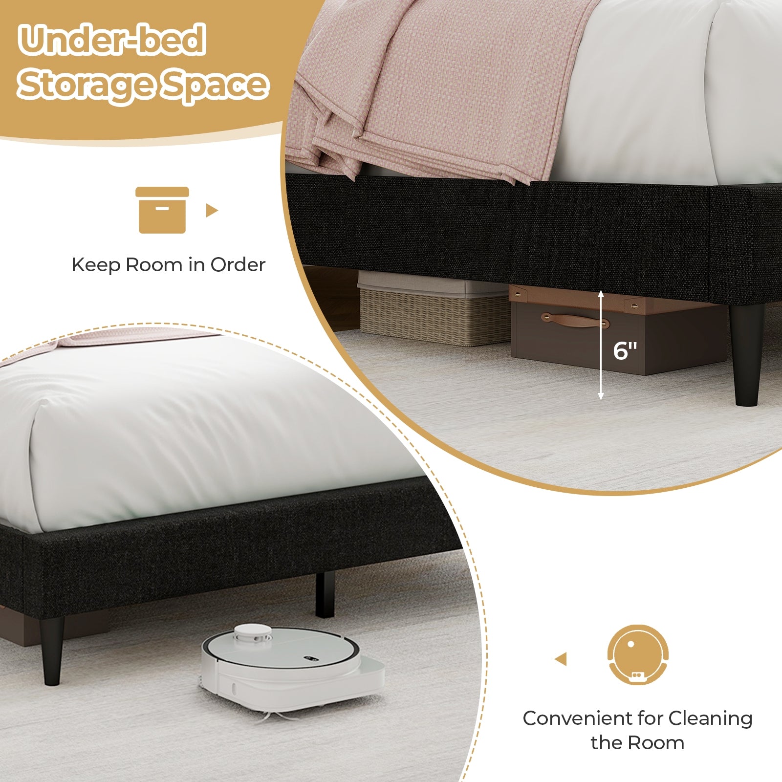 Queen Size Upholstered Bed Frame, Nailhead Trim Headboard, Black Simple Bed Frame at Gallery Canada