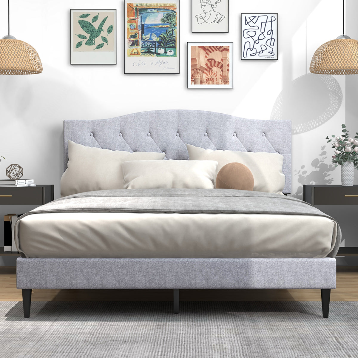 Queen Size Upholstered Platform Bed with Button Tufted Headboard-Queen Size, Gray Simple Bed Frame at Gallery Canada