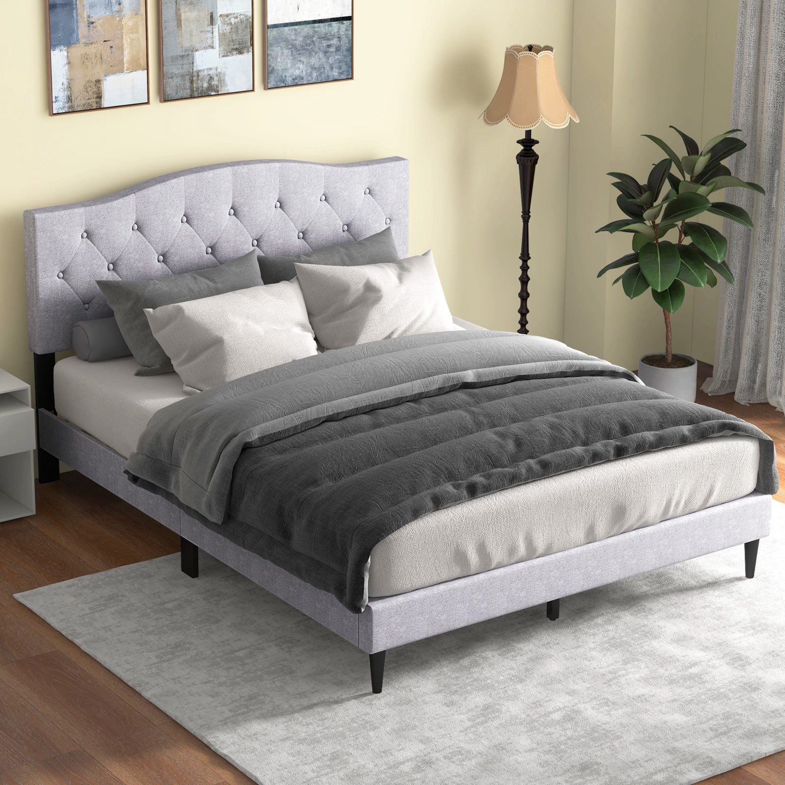 Queen Size Upholstered Platform Bed with Button Tufted Headboard-Queen Size, Gray Simple Bed Frame at Gallery Canada